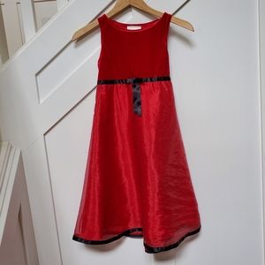 Red velvety and organza like fabric sleeveless party dress black ribbon